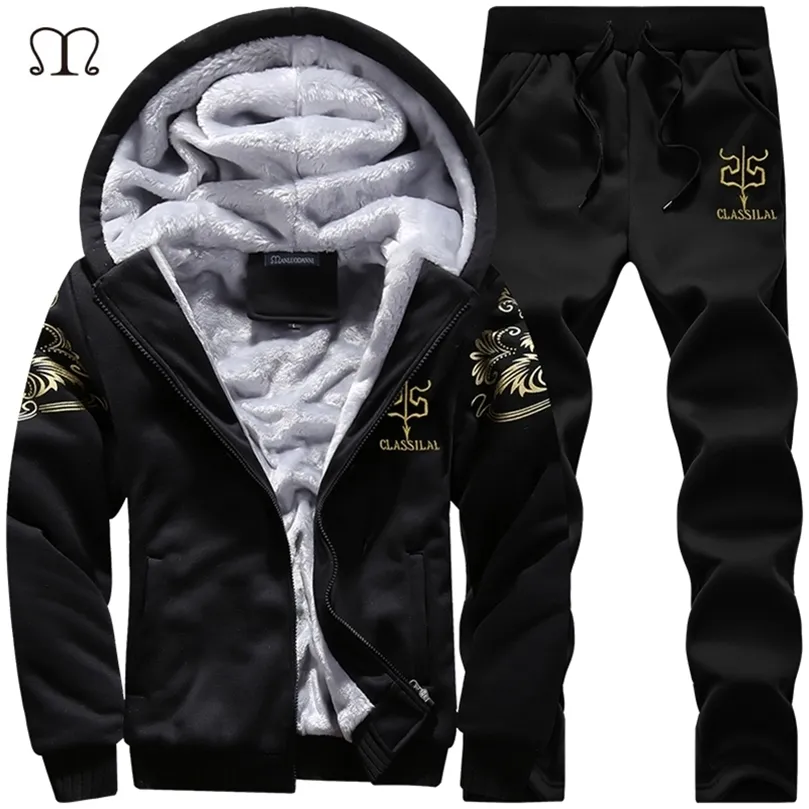 Winter Dicke Innere Wolle Hoodie Männer Hut Casual Warm Anzug Männer Zipper Aktive Anzüge Für Männer Outwear Hosen Moletons Masculino LJ201117