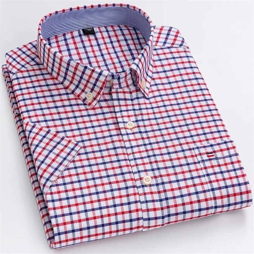 Camisas de algodón de marca para hombre de manga corta de verano de talla grande a rayas a cuadros para hombre de negocios Casual blanco ajuste Regular 220330