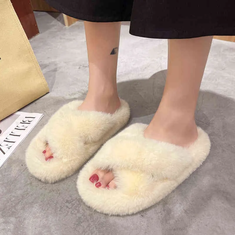 Street Trend Cross Band Ladies Fluffy Fur Slippers Winter Solid Bedroom Girls Plush Shoes Fashion Home Women Fluffy Slippers J220716