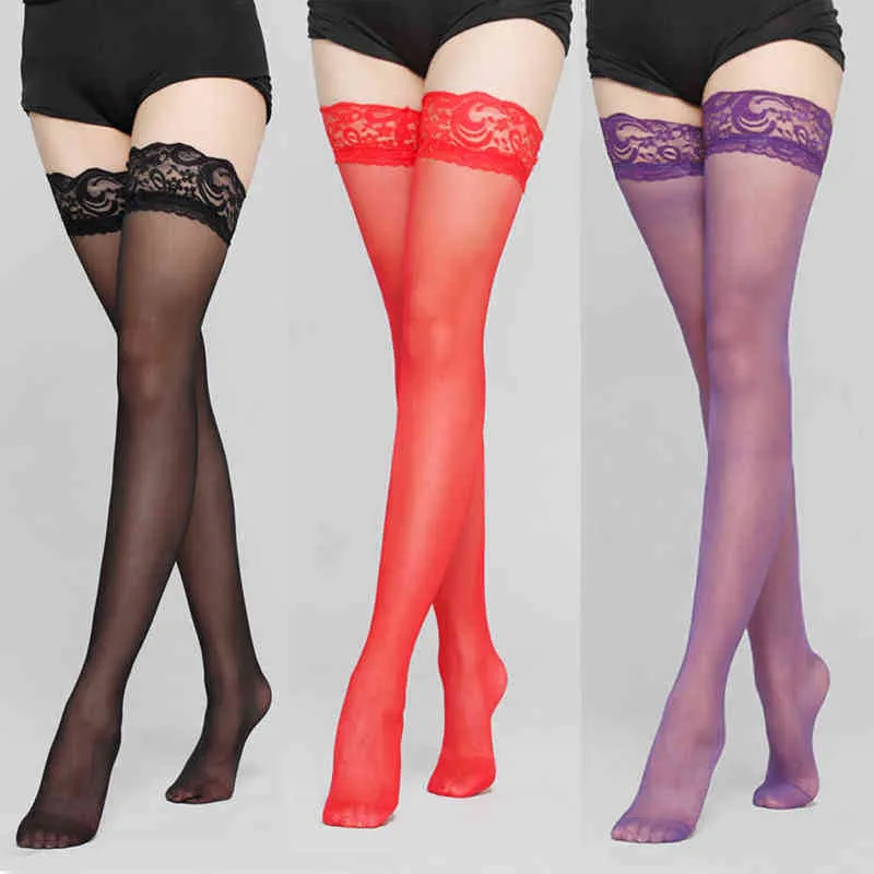 1Pair Women's Sexy Stocking Sheer Lace Top Thigh High Stockings Nets For Women Female Stockings Black White Red Dropship T220808