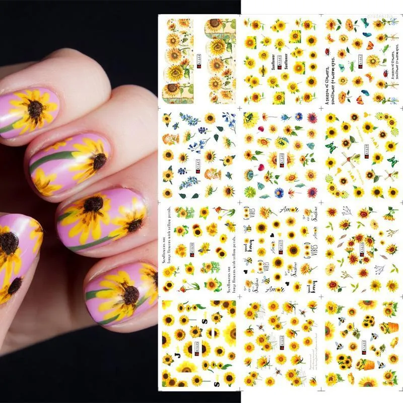 Stickers & Decals 12pcs Spring Flower For Nails Sunflowers Water Transfer DIY Leaf Nail Art Watermark Manicure Design GLA1633-1644 Prud22