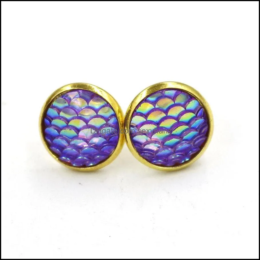 Fashion Drusy Druzy Earrings Gold Plated 12mm Round Resin Mermaid Fish/Dragon Scale Stud Earrings for Women Lady Jewelry