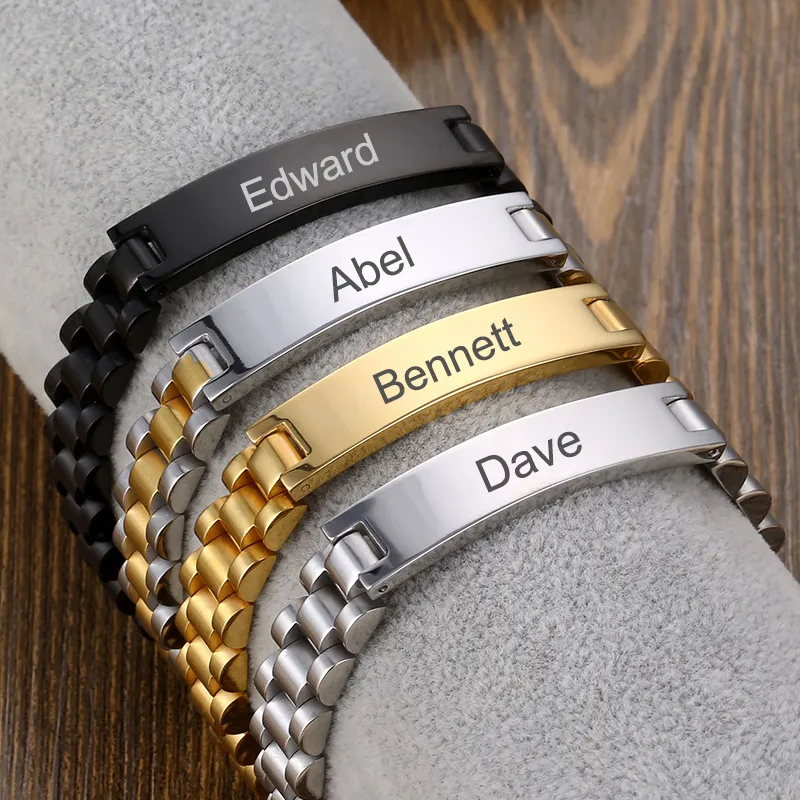 Gepersonaliseerde gegraveerde aangepaste naam brief ID Link ketting armbanden armband armband voor mannen goud roestvrij staal polsband man pols sieraden geschenken voor vriendje