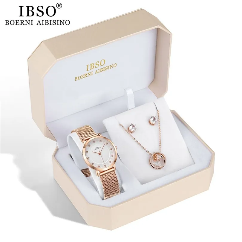 IBSO Brand Women Rose Gold Watch Earring Halsband Set Female Jewelry Set Fashion Creative Crystal Quartz Watch Lady's Gift 201114