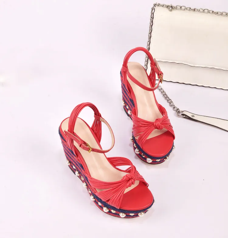 New sandals Paris Fashion Week Runway European limited edition wedge heel trip belt high water table pearl inlaid high-heeled sandals hemp soled shoes 34-40