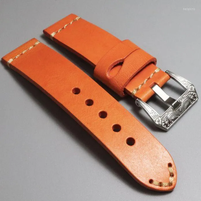 Oglądaj zespoły przybysze 22 24 mm ręcznie robione oryginalne skórzane paski pomarańczowe opaski zegarkowe z klamrą bransoletki akcesoria hele22