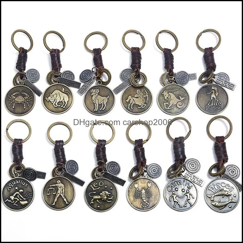 Porte-clés bijoux signe du zodiaque porte-clés pour hommes femmes véritable cuir véritable 12 Constellations Vintage couleur or métal alliage porte-clés voiture Chai