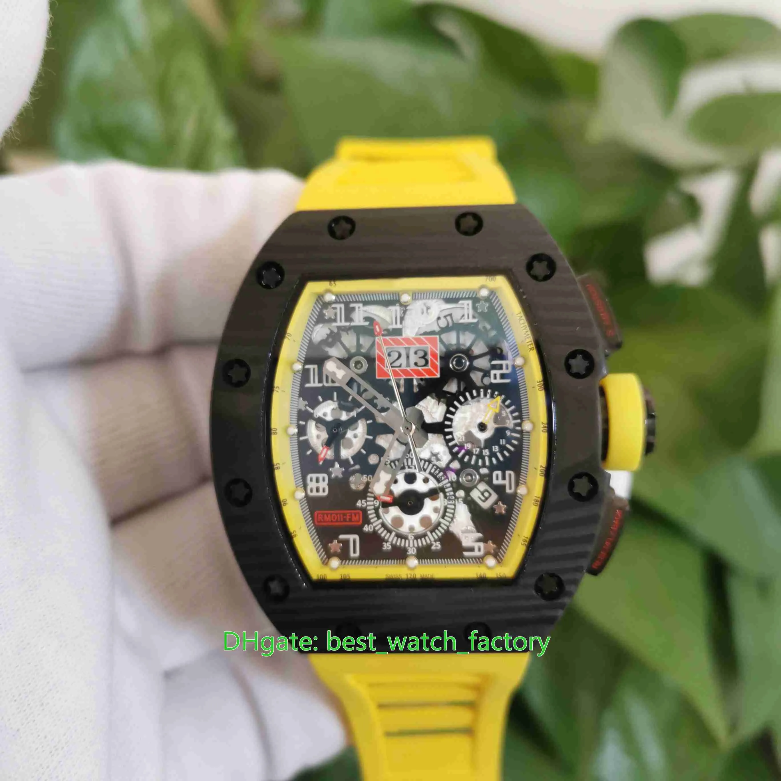 Hot Selling Topkwaliteit Horloges 50mm x 44mm RM011-FM Skeleton NTPT Koolstofvezel Geel Rubberbanden Transparante Mechanische Automatische Mens Herenhorloge Horloges