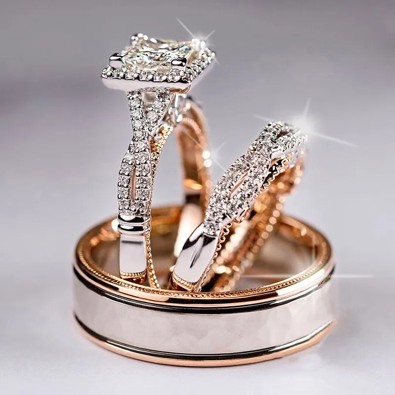 Rose Gold Zircon Wedding Rings Sets for Him and Her Women Men Couple Rings AAA CZ Romantic Female Engagement