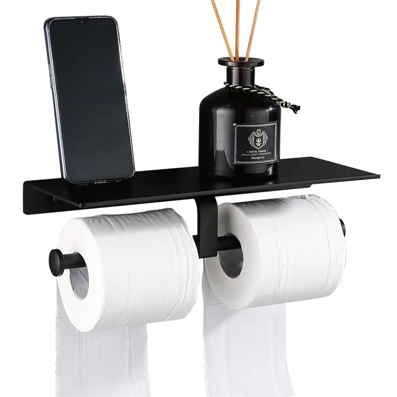 Soporte de papel higiénico doble negro mate Accesorios de baño WC Soporte para toallas Estante Estante Material de aluminio T200425