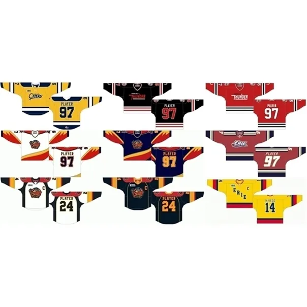 C26 Nik1 Personalizado 1988 89-1995 96 Ohl Mens Mulheres Crianças Branco Vermelho Laranja Azul Stiched Erie Otters 2013 14-2015 16 Ontário Hockey League Jersey