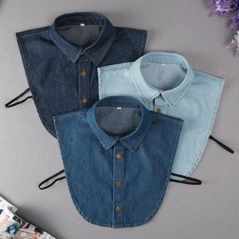 Papillon Uomo Blu Denim Colletto finto per camicia da donna Colletti staccabili Camicetta con risvolto solido Top Uomo Abiti finti Cravatte Donn22