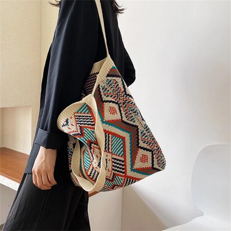 Lady Knitting Gypsy Bohemian Boho Chic Aztec Tote Women Het Woolen Open Shopper Torka TOBHEDLE Female torebka 220701