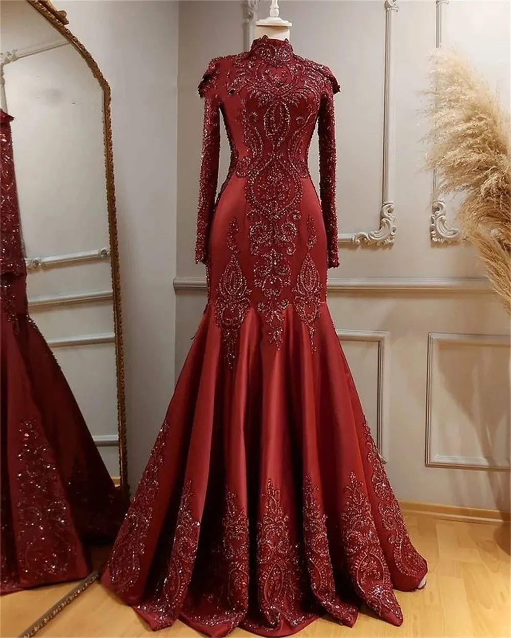 부르고뉴 두바이 무슬림 이브닝 드레스 긴 소매 파티 파티 드레스 럭셔리어 인어 공식 가운 터키 아라비아 특별 행사