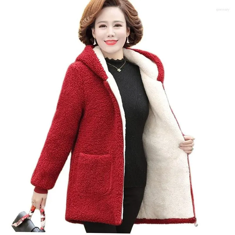 Women's Trench Coats Winter Women Jacket 2022 Lambswool Plus Velvet Cotton Coat Female Overcoat Hooded Warm Lady Outerwear Mother Clothes 5X