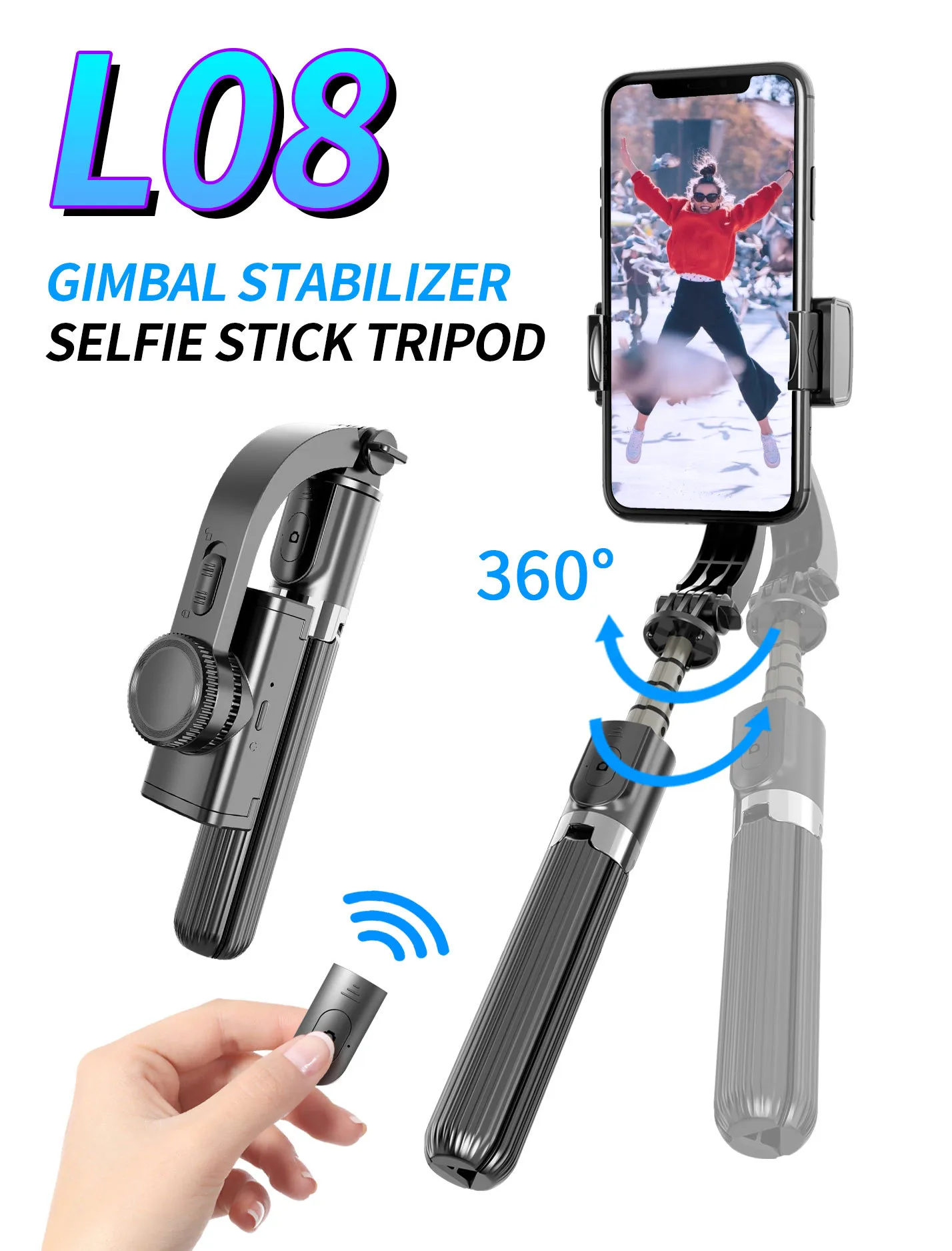 L08 Bluetooth Handheld Gimbal Stabilizer Selfie Monopods Mobile Selfies Stick para Telefone Titular Ajustável Vídeo Sem Fio Registro Selfie Sterner