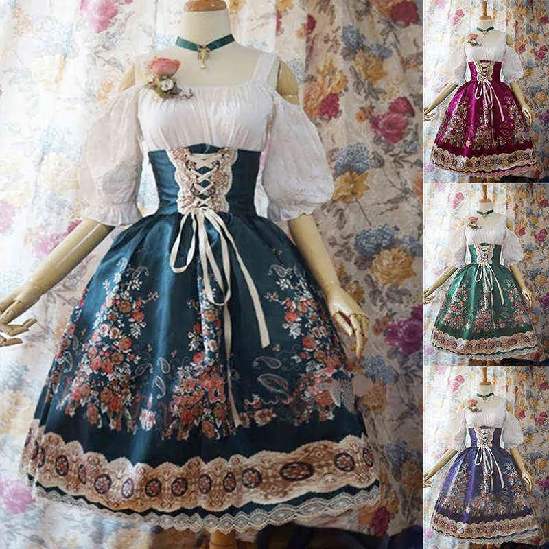 NXY Gündelik Elbise Vintage Elbise Yaz Cosplay Hizmetçi Saray Lolita Baskı Yüksek Bel Uzun Kollu Dantel Victoria Gotik Ortaçağ kadın Giyim 0406