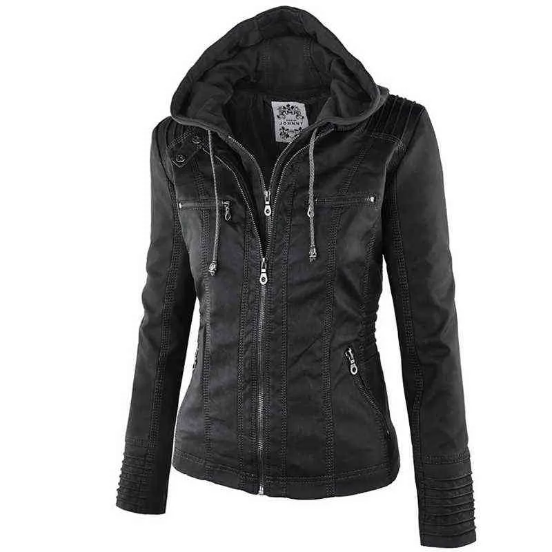 2020 mode hiver Faux cuir veste femmes basique vestes à capuche noir mince moto veste femmes manteaux femme XS-7XL 50 L220728