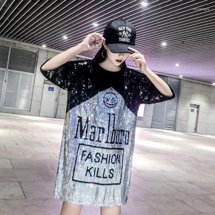 Women's T-Shirt Thailand Tide Fashion Foreign Style Sequined 2022 Summer Sequin Nightclub Outfit Loose Short-sleeved Mid-length