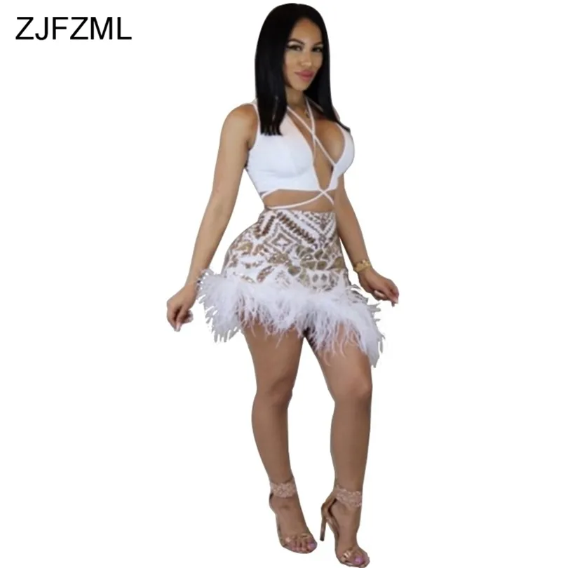 Zjfzml Bottom Feather Sexy Party Dress Женщины Deep Vneck без рукавочного платья летнее блестящее шнурки с блестками короткие vestidos t200516