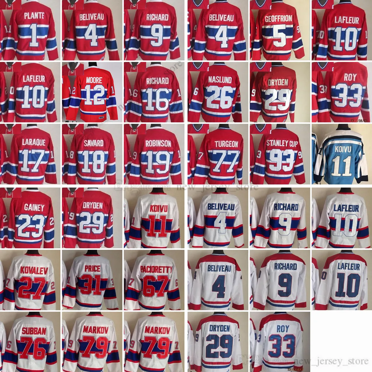 1909-2008 فيلم ريترو CCM الهوكي جيرسي مخيط 1Plante 4beliveau 9richard 10lafleur 93cup 23gainey 26naslund 29dryden 33roy 77turgeon 79markov Jerseys