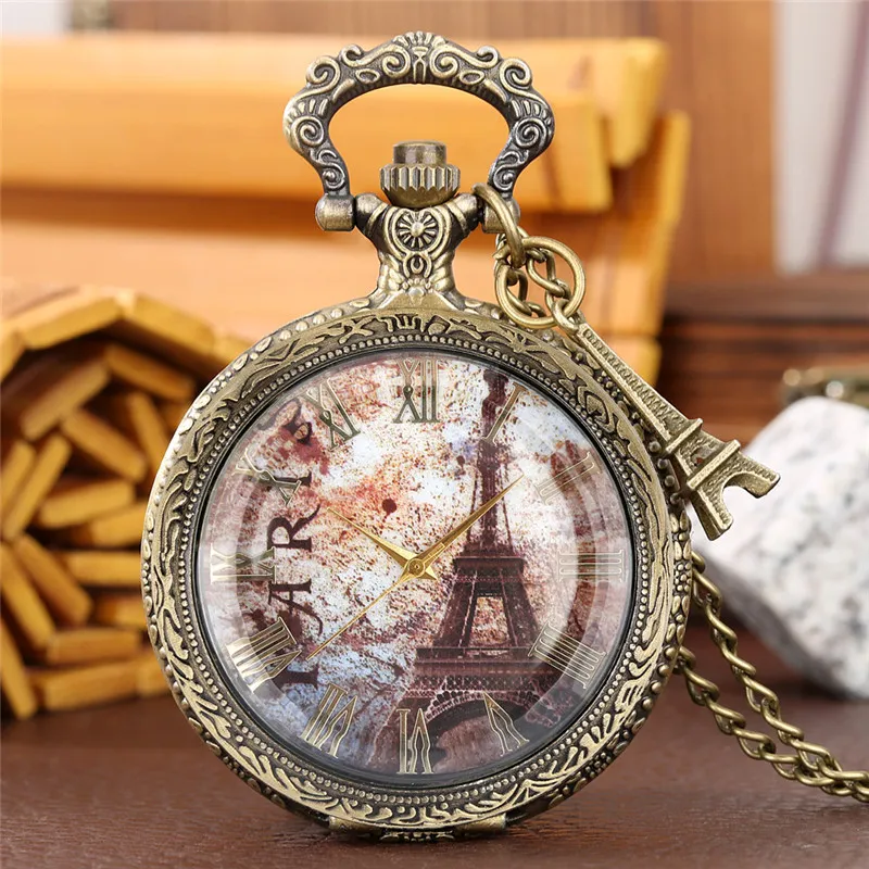 Taschenuhr im Bronze-Stil, Paris-Abdeckung, für Herren und Damen, Quarz-Analoganzeige, Uhr mit Anhänger, Turm-Halskette, Kette, Sammlerstück, Souvenir