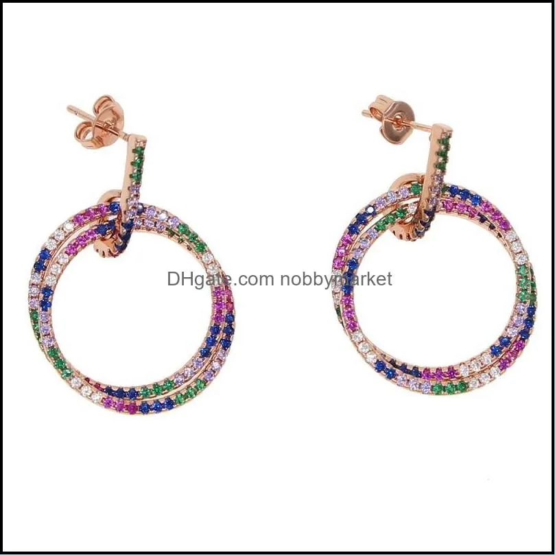 2019 Rose Gold color double round circle mix colorful CZ women classic jewelry top quality latest new design necklace earring setSuit