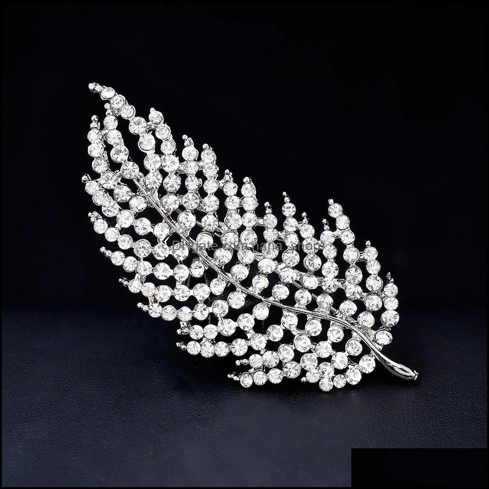 Fashion Jewelry Feather Brooches Hollow Out Crystal Leaf Brooch Bride Wedding Pins