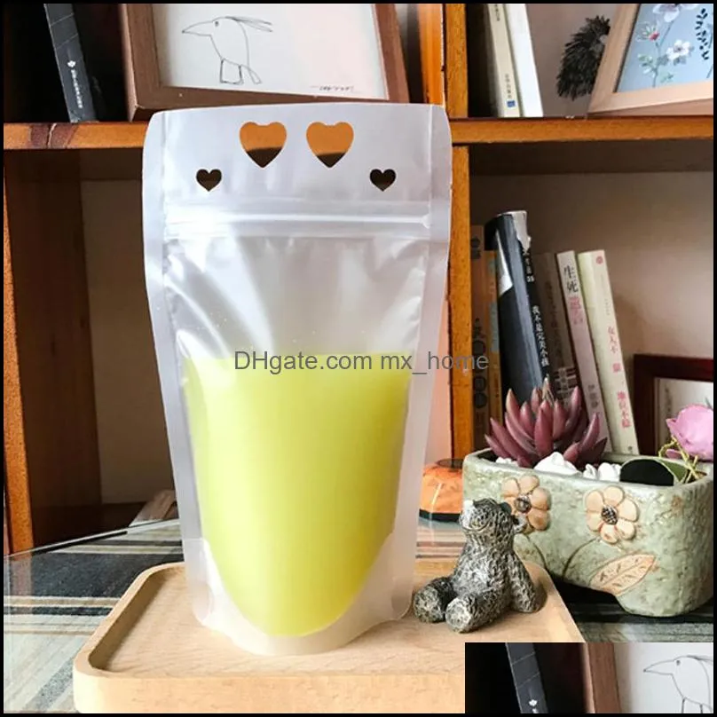 Disposable Drink Pouch Heart Shape Juice Beverage Milk Coffee Packaging Plastic Frosted with Handle and Holes for Straw Food Storage