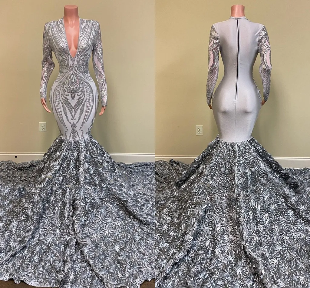 Robe De Bal De Sirène À Paillettes En Argent Long Avec Un Train De