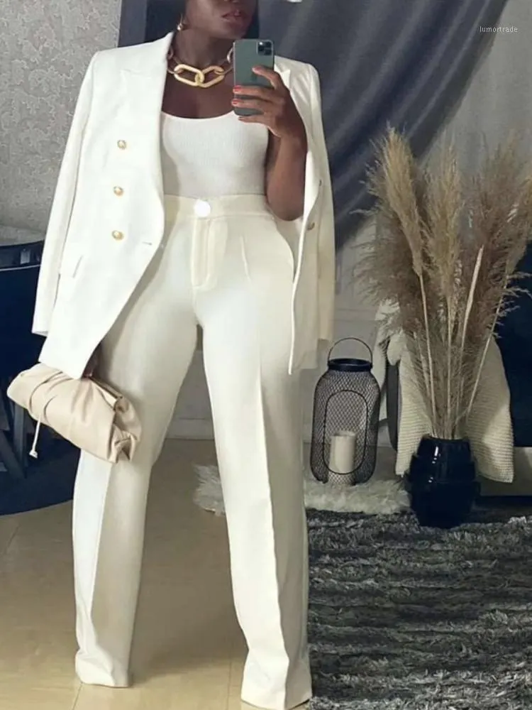 Womens Pantsuit Set, Elegant White Wide Leg Pants And Blazer