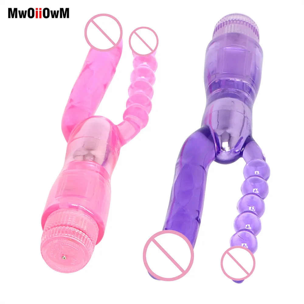 Mwoiiowm dubbel penetration dubbel vibrator anal sexiga leksaker texturerade axlar dildos pärlor stimulator vuxna produkter för kvinnor