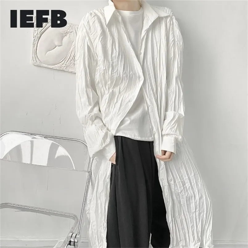 IDEEFB Niche Design Męskie pomarszczone Oversize Długi Koszula Moda Japonia Streetwear Black White Causal Odzież Odzież 220401