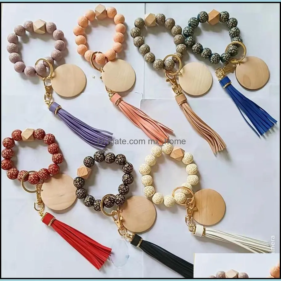 personalized PU leather tassel pendant party favor carved wood bead elastic rope bracelet key chain wholesale multi-color options