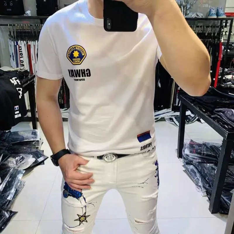 Men's T-Shirts Summer Personality Tide Brand Mercerized Cotton Short Sleeve T-shirt Men's Handsome Fashion Slim Print JacketMen's