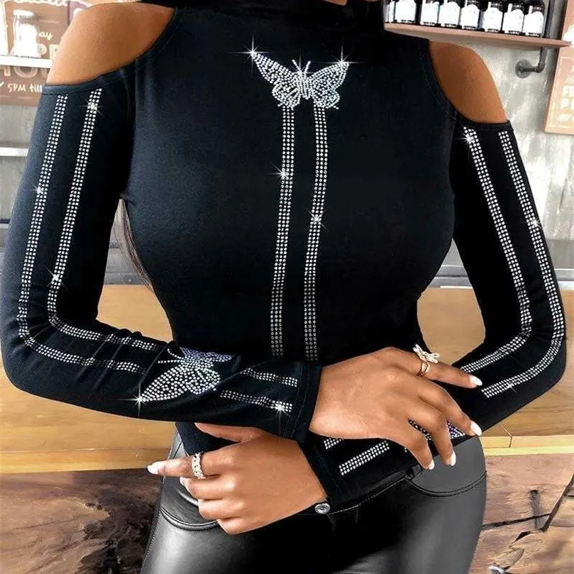 Women Fashion Casual Long Sleeve Coulder Shloulder Blouses Butterfly Pattern Studded Blouse Feamle Casual Blouse Tops 210716