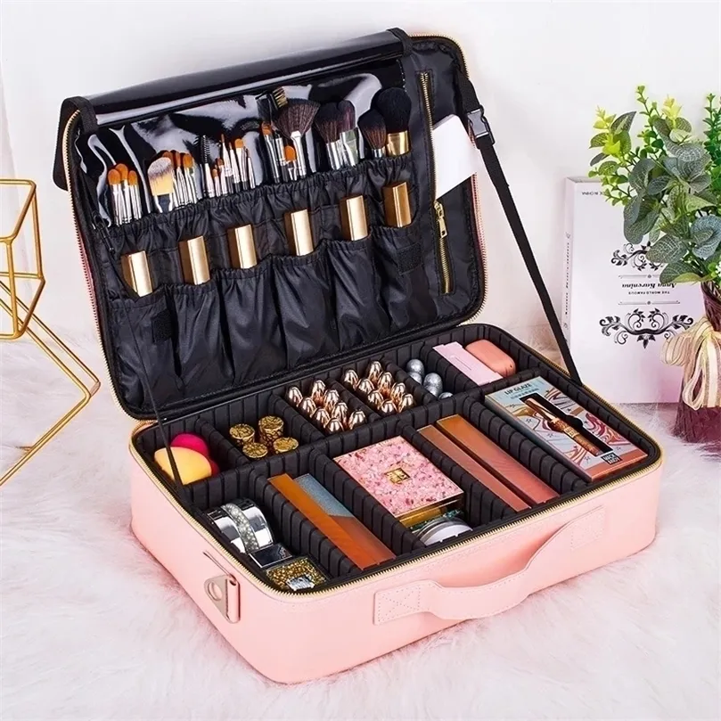 Kvinnlig PU Makeup Bag Tool Organizer Professional Artist Case Travel Beauty Cosmetic Nail Make Up Storage Box 220621