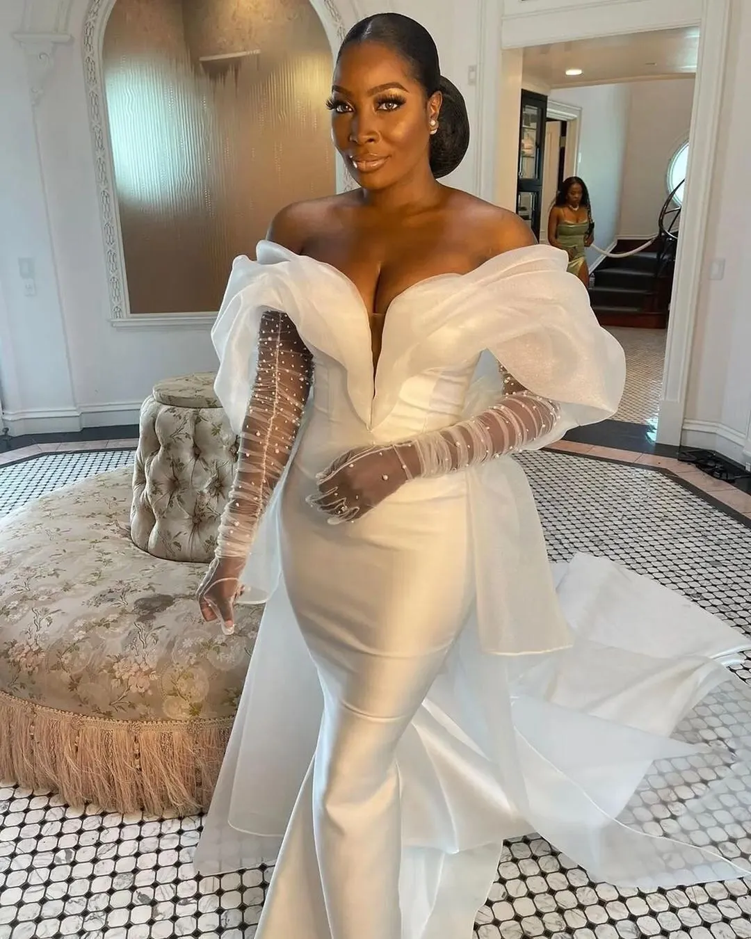 Custom-made Mermaid Mermaid bridal gowns with Pearls, Beads, Long Sleeves, Gloves, Ruffles, and Sweep Train for Wedding 2023 - Plus Size Available