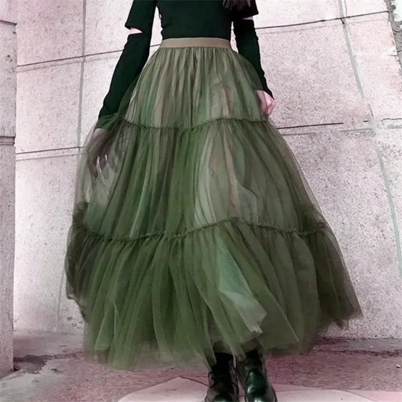 Autumn Fairy Puffy Maxi Long Gauze Skirt Cakee Patchwork Aline Layered Tulle Ankle Long Skirts Green Burgundy 220527