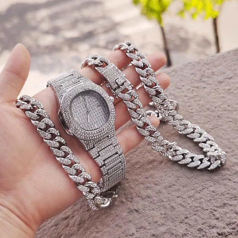 Horloges 3 2 Stuks Ketting Horloge Armband Hip Hop Miami Cubaanse Ketting Goud Kleur Iced Out Verharde Strass Rapper Mannen sieraden Set 252d