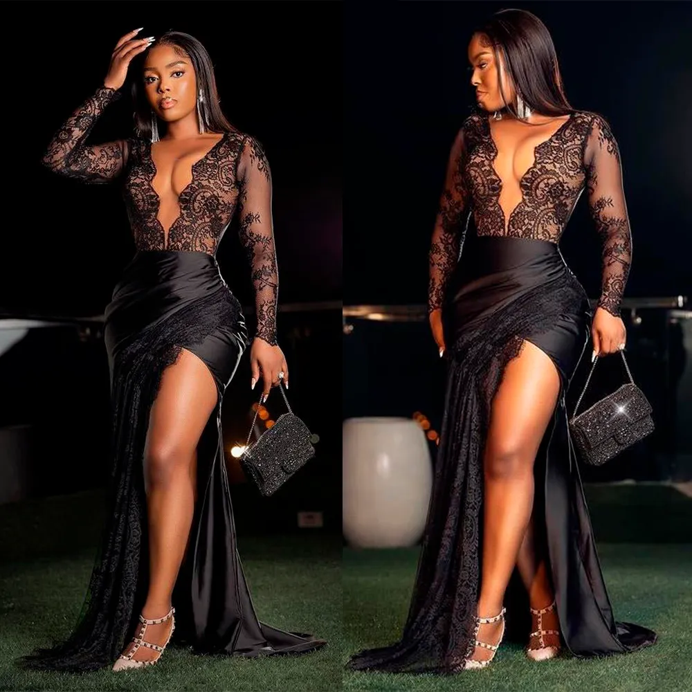 Black Sexy Mermaid Prom Dresses Sexy V Neck Sequins Beads Long