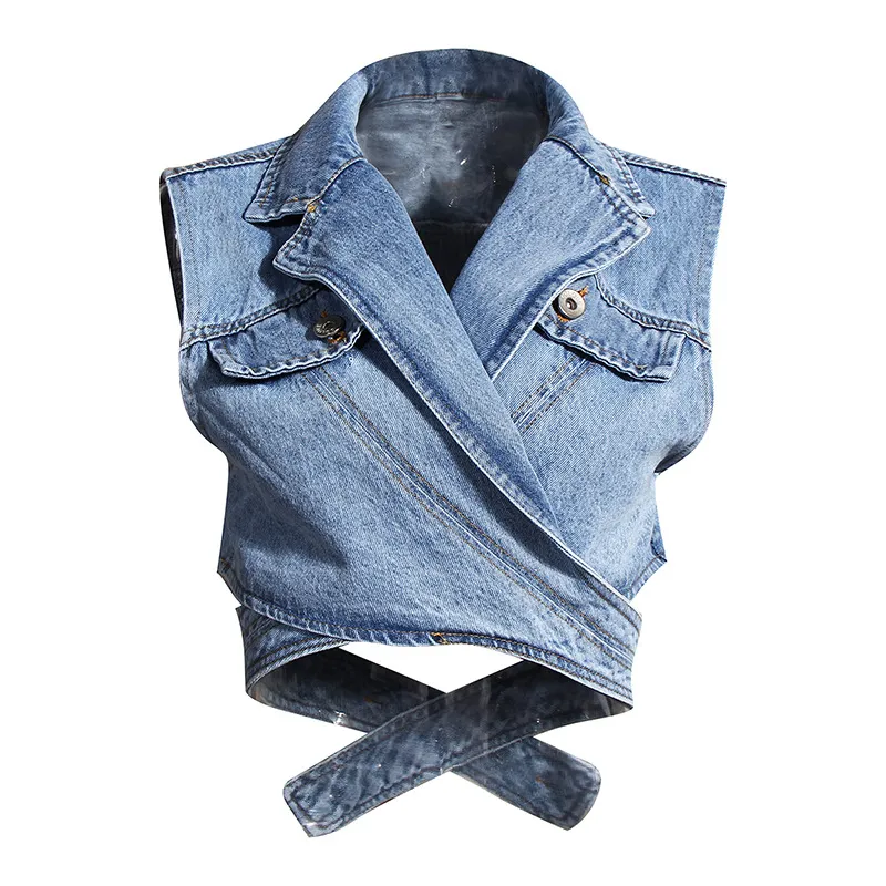 Irrégulier croix Denim manteau pour femmes taille haute évider vestes décontractées hauts femme 2022 été mode nouveau Style