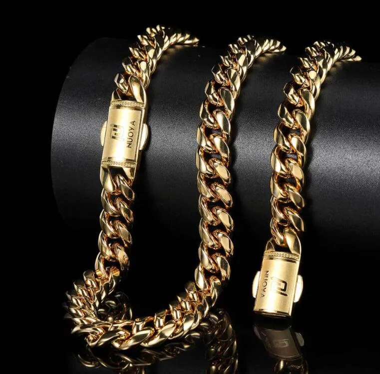 Hip hop 12mm spring snap Cuban Chain 8inch Bracelet Gold Plated 14K men's Necklace 18inch