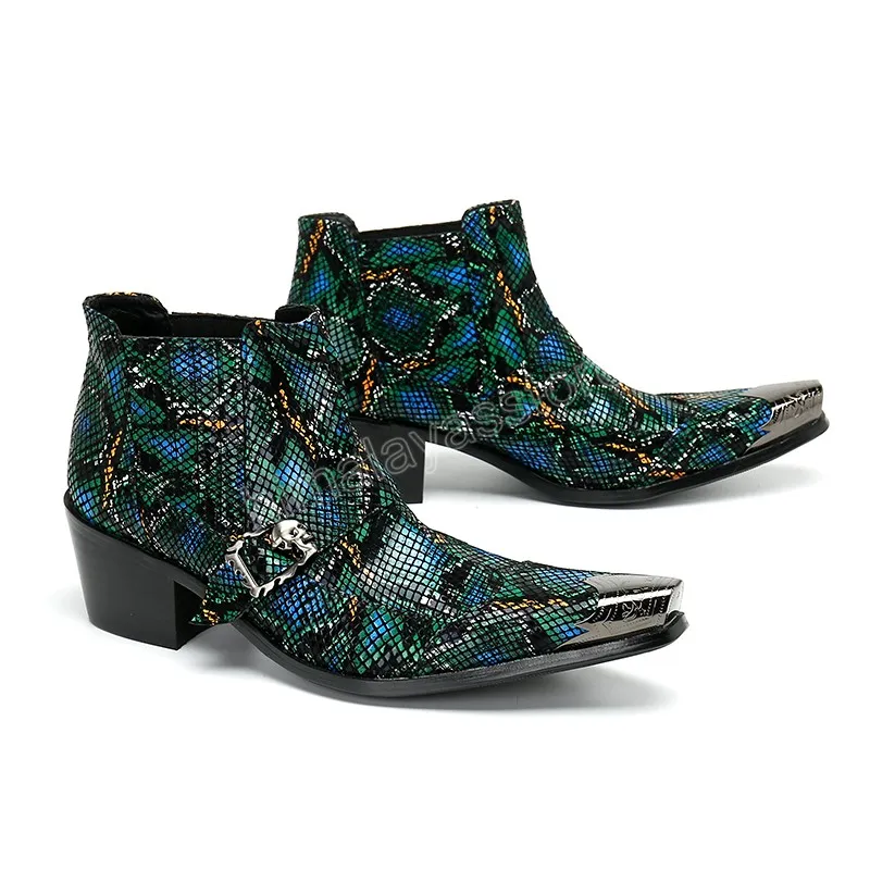 Mens Winter Fashion Metal Products Square Toe Snakeskin Ankle