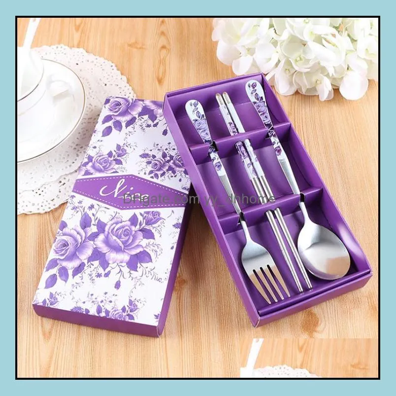 wedding gift favors purple flowers stainless steel fork spoon and chopsticks 3 in 1 set 100sets wholesale sn1645