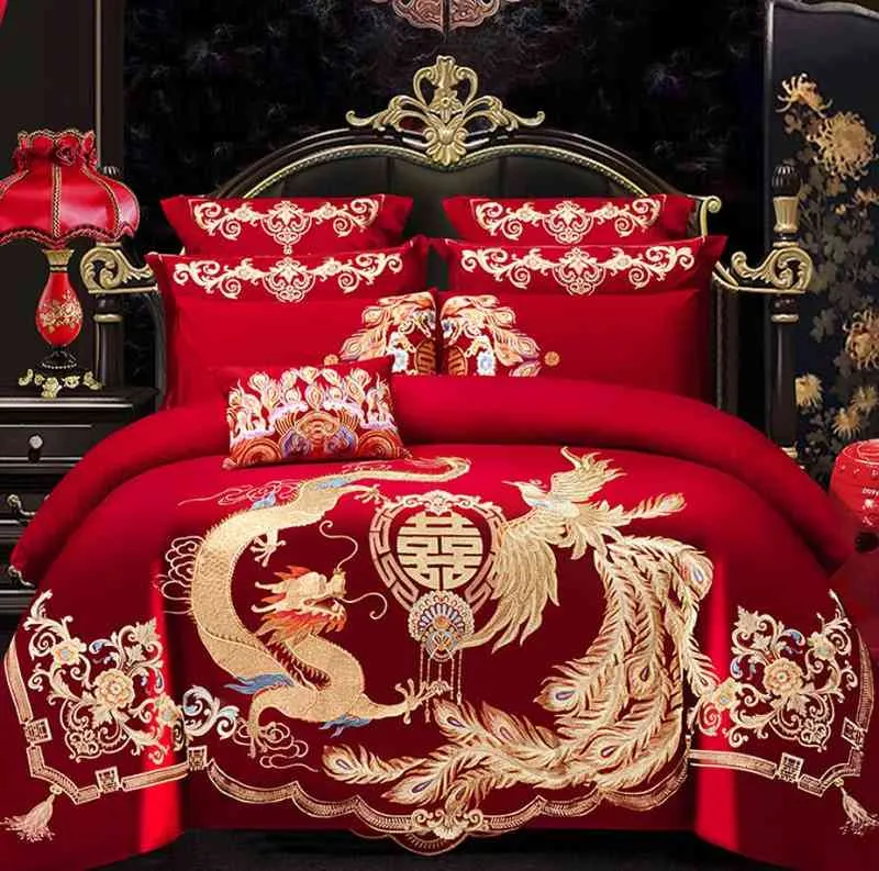 4/6 stücke Luxus Loong Phoenix Stickerei Rot Bettbezug Bettlaken Baumwolle Chinesischen Stil Hochzeit Abdeckung Ding Set Home Textile