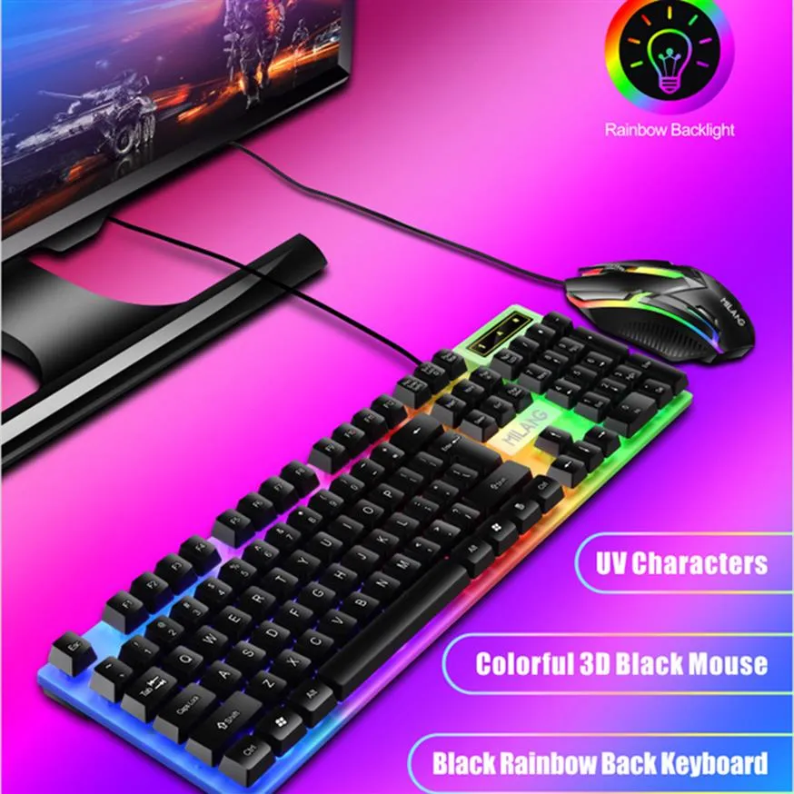 T6 USB Kablolu Klavye Mouse Set Gökkuşağı LED Arka Işık 104 Tuşlar 1000 DPI Mekanik Klavyeler Gaming Dizüstü Bilgisayar Epacket273T