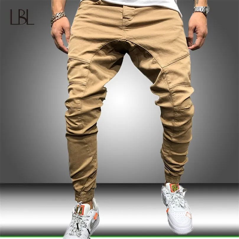 Slim Fitness Men Pants Hip Hop Harem Joggers Pants Mens Joggers Solid Multi-Pocket Sweatpants Manlig Casual Cargo Bottom Byxor 201126