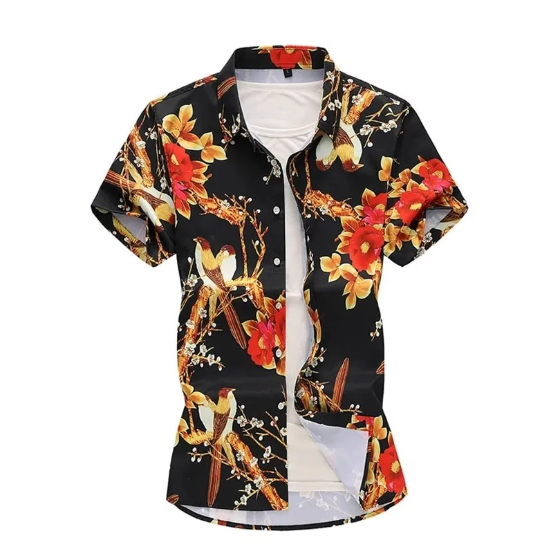Summer Mens Flower Beach Hawajskie koszule Tropical Summer Short Sleeve Floral Shirts 5xl 6xl 7xl 210412