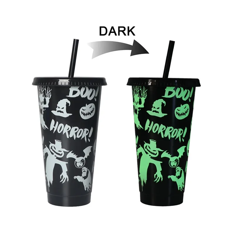 24oz Glow in the Dark Cup Color Changing Magic Coffee Beer Mugs Plast Halloween Tumbler With Lock och halm Återanvändbar kall dryck Cup 6072 Q2